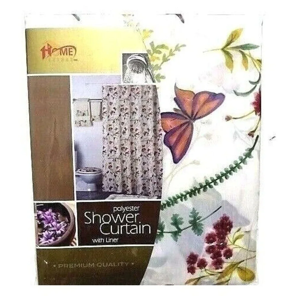 Butterfly Floral Shower Curtain and Liner 12 White Bath Hooks Bathroom Purple